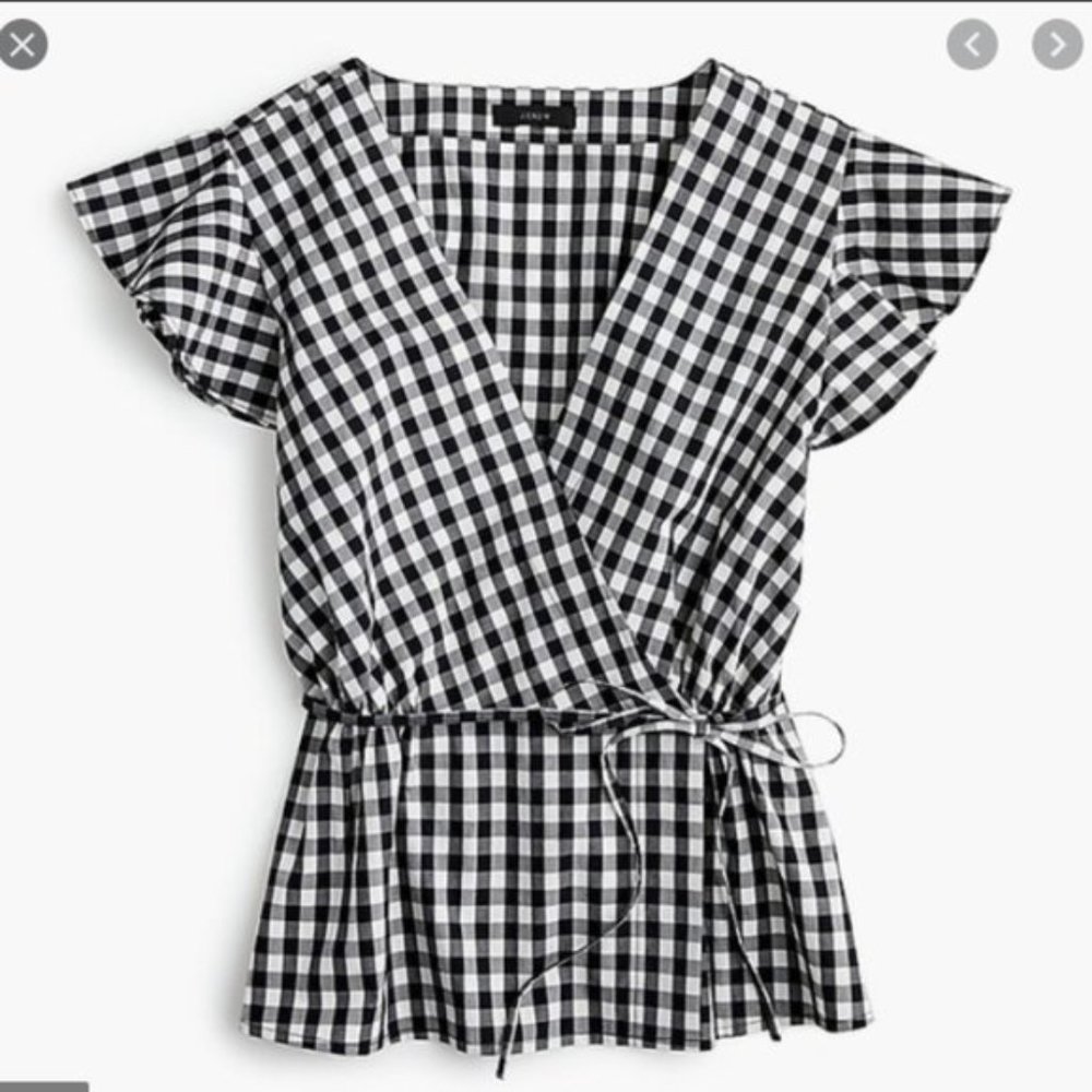JCrew Gingham Flutter Sleeve Tie Waist Blouse 2 Small Black White Peplum Plaid